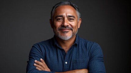 Confident middle-aged man smiling with arms crossed against a dark background, showcasing positivity