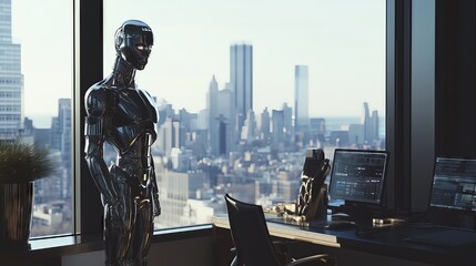 Futuristic robot observing city skyline from office