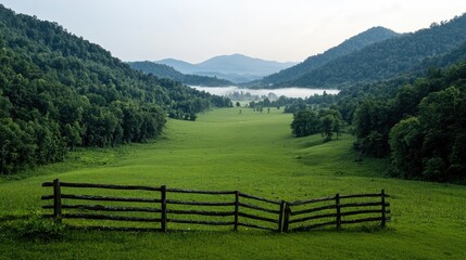 Misty mountain valley sunrise, green field, wooden fence. Perfect for travel brochures