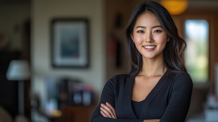 Smiling woman in a cozy living room with warm lighting and soft furnishings, exuding confidence