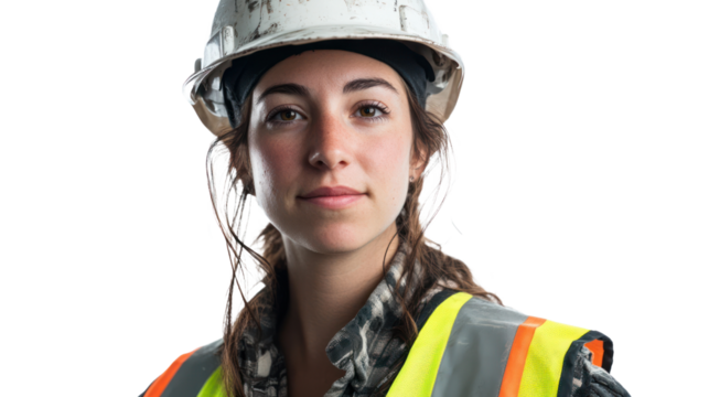 A professional portrait of a female engineer in a hard hat and safety vest, isolated on white for industrial branding, isolated on a transparent background. Cutout.