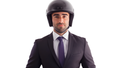 A professional shot of a male engineer in formal attire with a helmet, isolated on white for corporate presentations, isolated on a transparent background. Cutout.