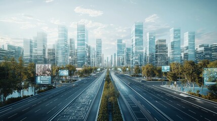 Obraz premium Futuristic Cityscape with Clear Roads and Tall Glass Buildings