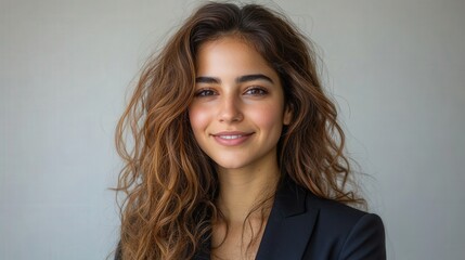 Young woman with curly hair smiling in a professional setting, soft background, exuding confidence