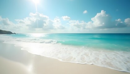 Obraz premium Idyllic Beach Scene with Turquoise Waters and Soft White Sand under a Bright Sky
