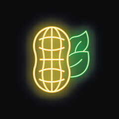Glowing neon peanut with leaves, representing healthy snacks and organic food
