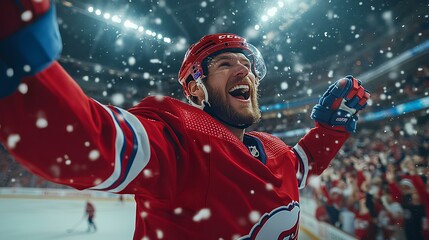 ice hockey player scoring a goal in an electrifying match, the puck flying past the goalie, surrounded by excited fans waving banners  
