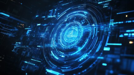 Futuristic blue digital interface with neon circuitry and virtual technology