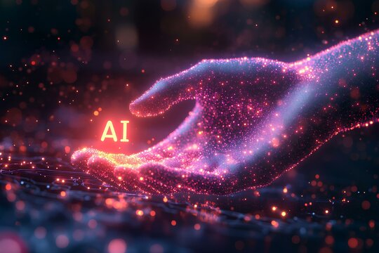 human hand holding a laser beam with the AI text sign on a purple background, a futuristic technology concept