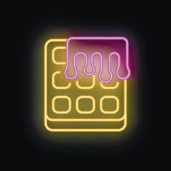 Bright luminous yellow and purple neon sign of a rectangular waffle with dripping glaze on black background