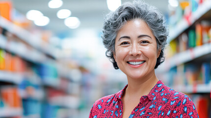 Happy senior woman smiling in vibrant grocery store aisle lifestyle photo