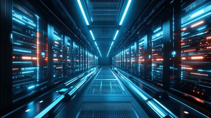 Futuristic data center with blue and orange lights in modern server room