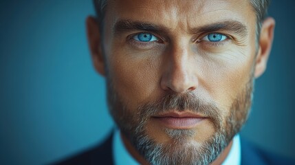 Close-up portrait of a confident man with striking blue eyes and a well-groomed beard, exuding professionalism
