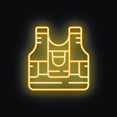 Yellow glowing neon icon of military tactical vest with protective plates, combat equipment
