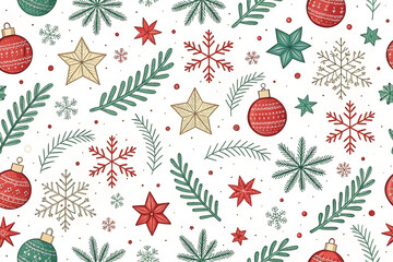 Seamless Christmas pattern with ornaments, snowflakes, stars, and pine branches.