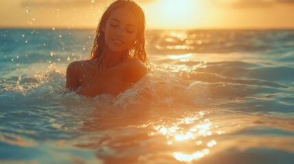 Young woman enjoying a sunset swim in the ocean, with gentle waves and a glowing horizon