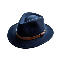 Wool Hat with Wide Brim in Navy Blue with Leather Band Isolated on Transparent Background