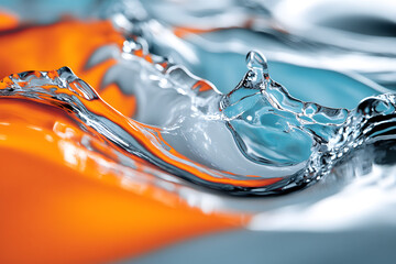 Flüssige Farbkollision – Hochgeschwindigkeitsaufnahme von Wasser auf orange-blauem Hintergrund  
