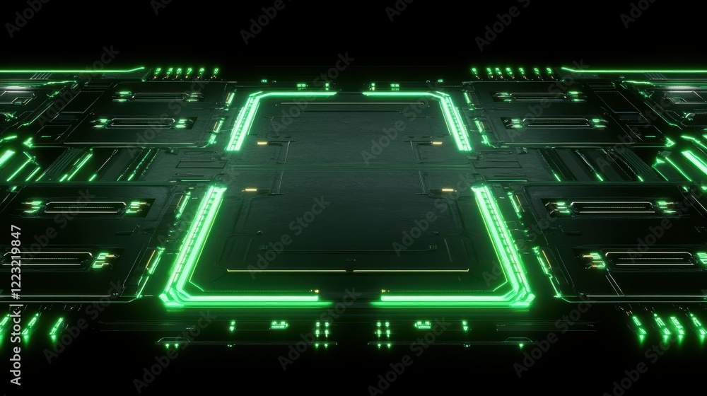 Poster futuristic green circuit board with glowing neon lines in high-tech pattern