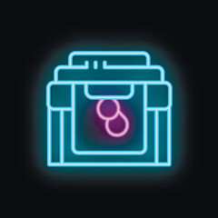 Blue glowing neon sign of a slot machine displaying a jackpot winning combination of two sevens on a black background