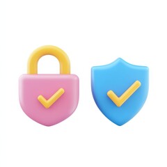 Two colorful security icons: a pink padlock and a blue shield, both featuring check marks, symbolizing safety and protection.