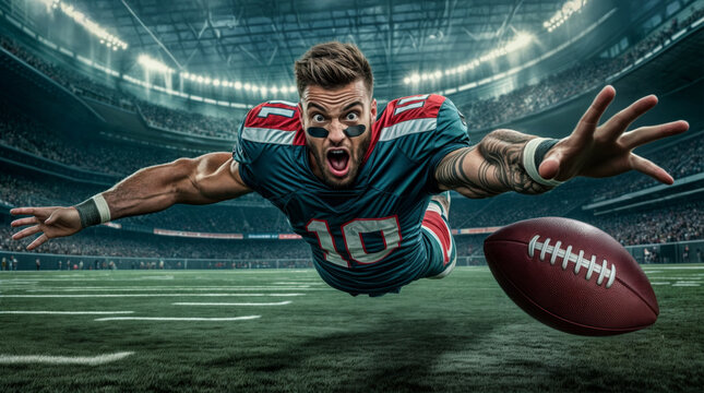 Dynamic Action Shot of American Football Player Diving for the Ball in a Stadium