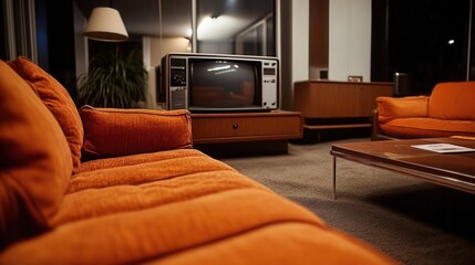 Retro living room with orange sofa and vintage tv.