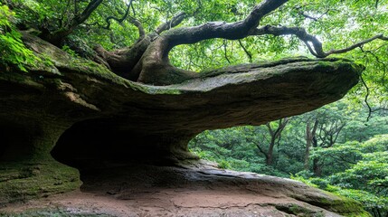 Fototapeta premium Ancient tree root growing over a mossy rock cave formation in a lush green forest.