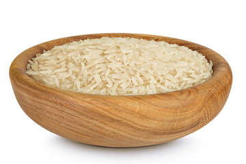 rice basmati in a wooden bowl isolated on white background