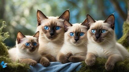 A family of four Siamese cats with striking blue eyes sits together against a dark,