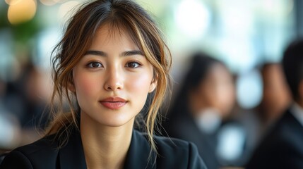 Young woman in a black blazer sitting in a busy caf?, engaging with the camera, with blurred patrons in the background