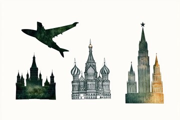 Fototapeta premium Silhouettes of Famous Landmarks with an Airplane Flying Overhead, Abstract Travel Concept
