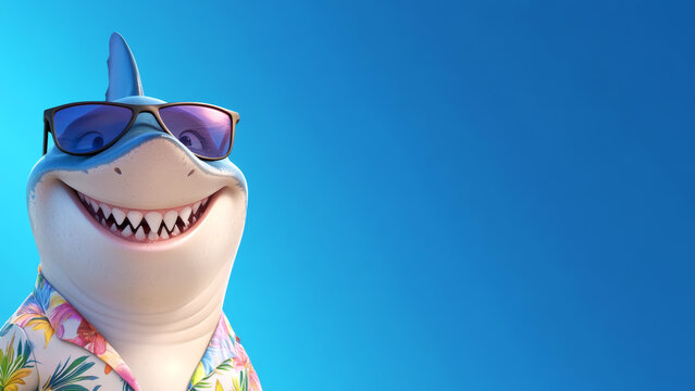 Smiling shark cartoon character in 3d style wearing sunglasses, enjoying summer vibes on a bright blue background with copy space