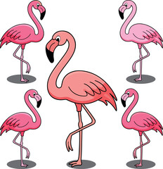 Obraz premium Set of 5 Cute pink flamingos vector art illustration
