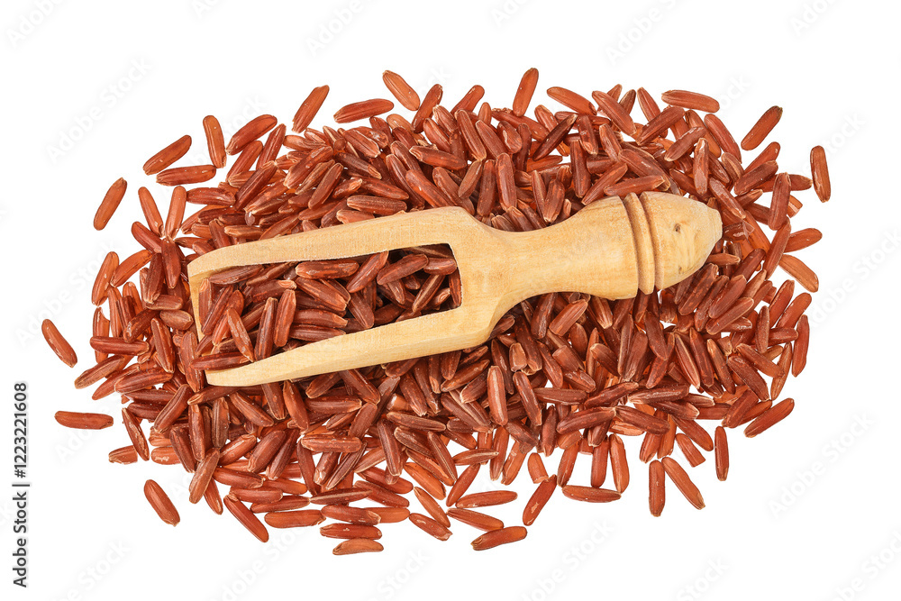 Wall mural red rice in a wooden scoop isolated on white background. Top view. Flat lay