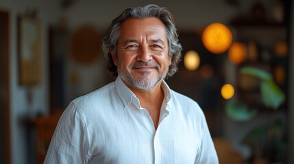 Obraz premium Smiling man in a light shirt standing indoors, surrounded by warm lighting and decor
