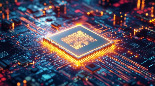 Glowing Nanochip Levitates on a Futuristic Platform Surrounded by Vibrant Data Streams and Microprocessors in an Illuminated Setting