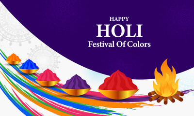 Happy Holi! Colorful tubs, vibrant splashes, fire, and festive illustrations for a joyful celebration.