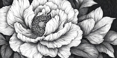 Intricate Monochrome Drawing Of A Peony Flower