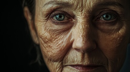 Obraz premium The face of an elderly woman with wrinkled skin on a dark background. A woman with a wrinkled and aged face in detail in a studio photo.