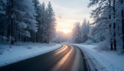 Obraz premium A snowy road at sunset cuts through a forest covered in white frost and snow