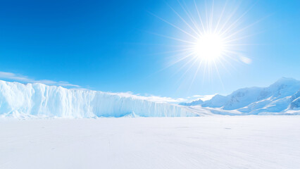 Bright sun shining over giant tabular iceberg and snowy mountains