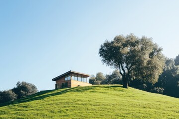 Obraz premium The contemporary wooden house is beautifully situated on a lush green hill, encircled by flourishing olive trees, all beneath a bright, clear blue sky during the day