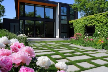 Obraz premium A contemporary house boasts expansive windows that overlook a stunning garden adorned with colorful roses and peonies, basking in the warmth of a sunny day