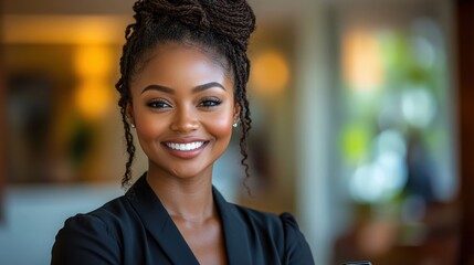 Confident woman in a professional setting smiling warmly, with a blurred background of a modern office