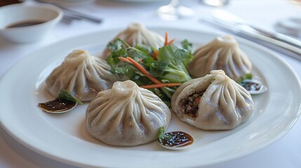 set of freshly steamed vegetable buns on a round white plate, garnished with green herbs and colorful vegetables, emphasizing the healthy nature of the dish. Steamed Buns.Chinese Food 