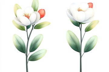 Elegant illustration of two blooming flowers with lush green leaves against a clean white background