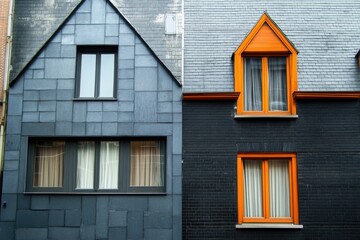 Fototapeta premium Two distinct modern houses showcase contrasting architectural styles and colors in an urban setting, highlighting creative design choices and material use