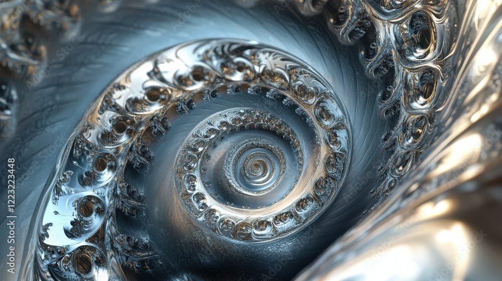 Poster intricate metallic spiral pattern with complex swirls and reflective surfaces