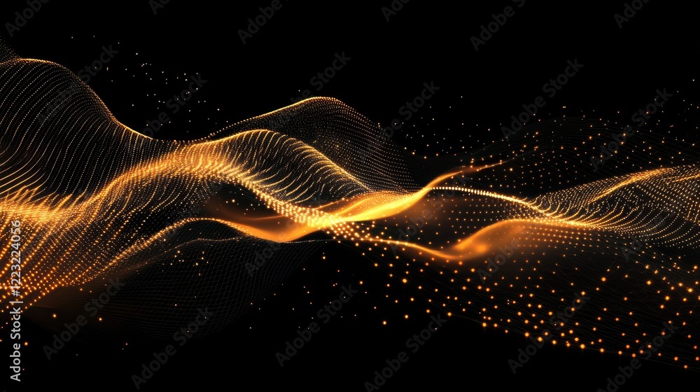 Poster abstract golden waves of light forming dynamic patterns on a dark background